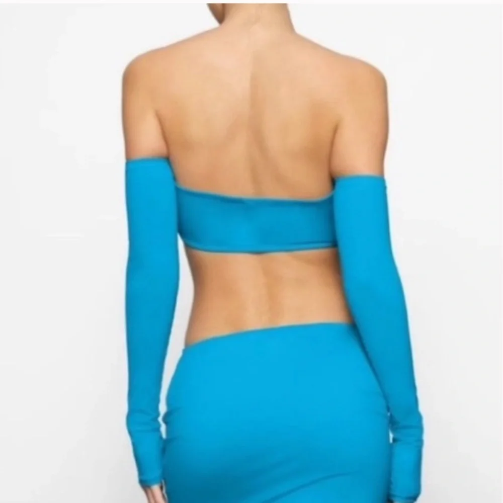 🆕 SKIMS SWIM Long Sleeve Bikini Top Recycled Turquoise XL Blue Off Shoulder NWT